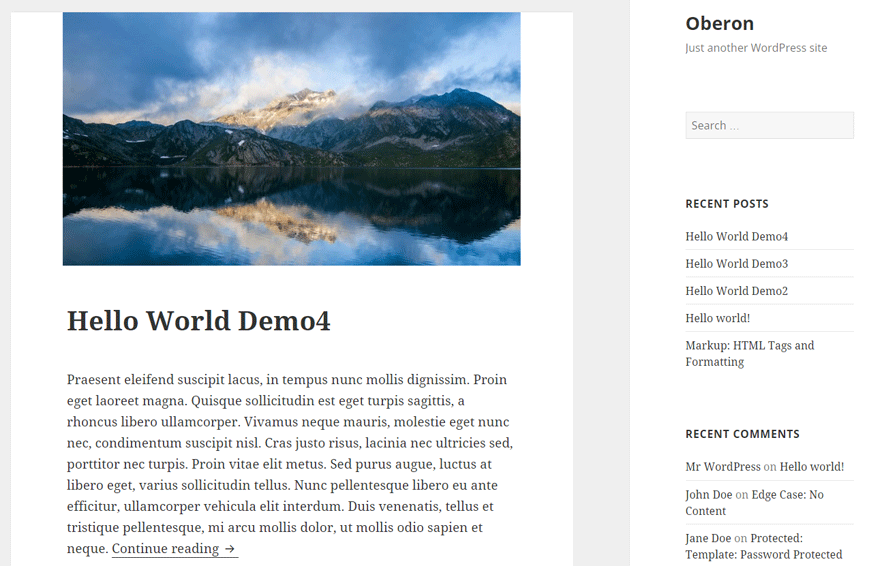 screenshot showing a demo of oberon child theme for wordpress