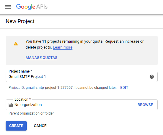 screenshot showing how to create a new project in the Google Developers Console