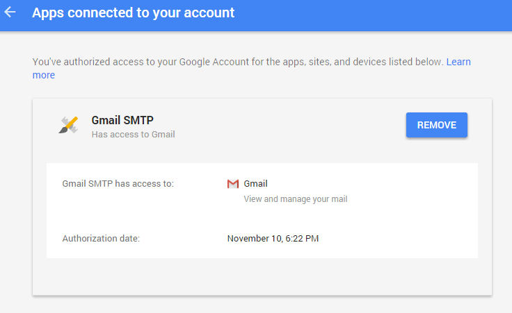 screenshot showing how to remove access from an application in the google developers console