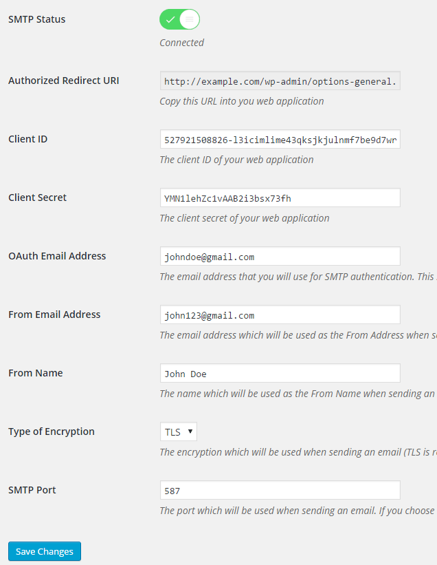 screenshot of gmail smtp settings