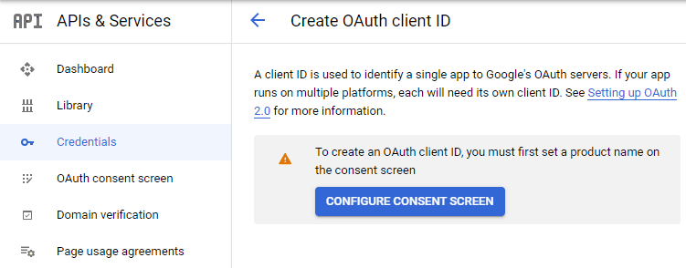 screenshot showing how to configure the consent screen when creating an OAuth Client ID