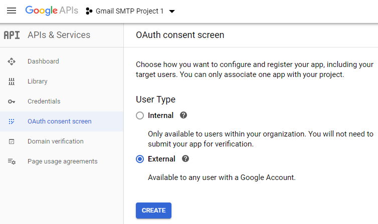 screenshot showing how to choose a user type in the oauth consent screen of the google developers console