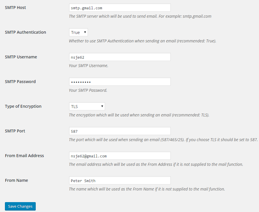 screenshot of SMTP Mailer plugin settings