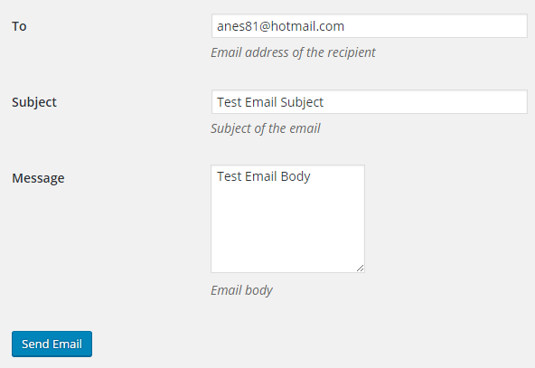 screenshot of test email menu in the SMTP Mailer plugin