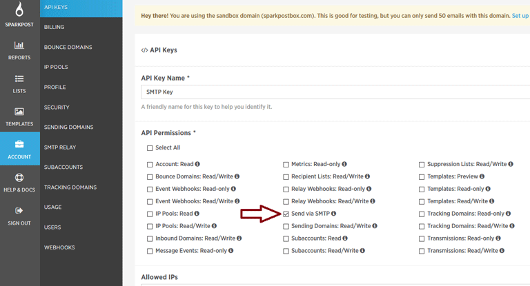 screenshot showing how to create a new API key in SparkPost