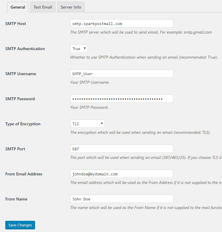 screenshot showing how to configure SparkPost SMTP credentials in the SMTP Mailer plugin settings