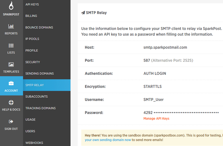 screenshot showing SMTP relay specif information in SparkPost dashboard