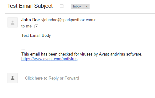 screenshot showing a test email sent via SparkPost