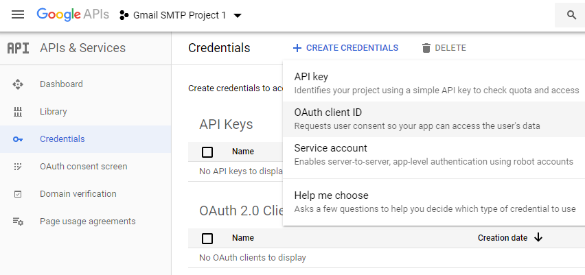 screenshot showing how to select OAuth client Id under CREATE CREDENTIALS in the google developers console