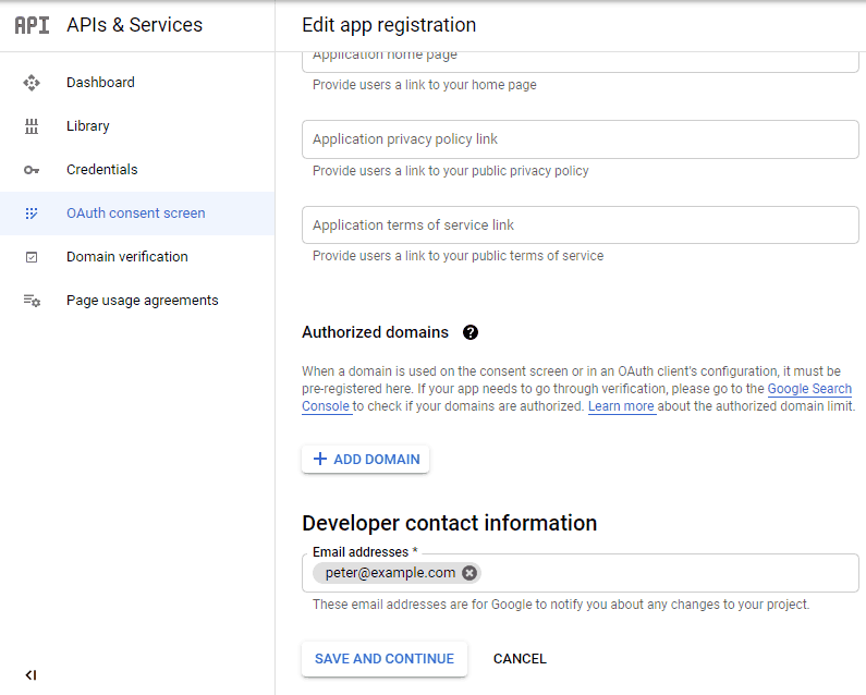 screenshot showing part 2 of the consent screen 2 in the google developers console