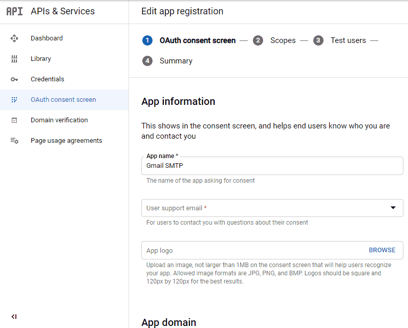 screenshot showing the OAuth consent screen 2 in the google developers console