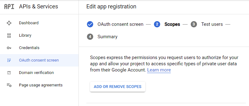 screenshot showing the Scopes tab in the OAuth consent screen of the Google cloud console