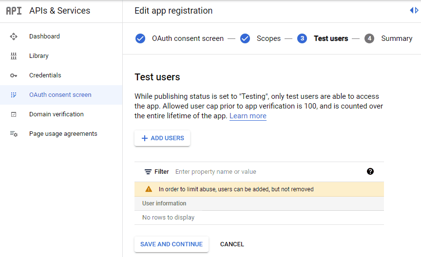 screenshot showing the Test users tab in the OAuth consent screen of the Google cloud console