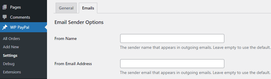 email sender options in the WP PayPal plugin