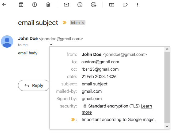 body of an email sent by the gmail smtp cc addon