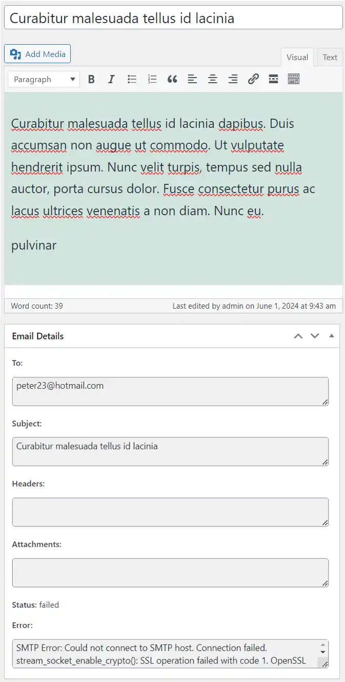 details of an email sent by the SMTP Mailer WordPress plugin using the email logger add-on