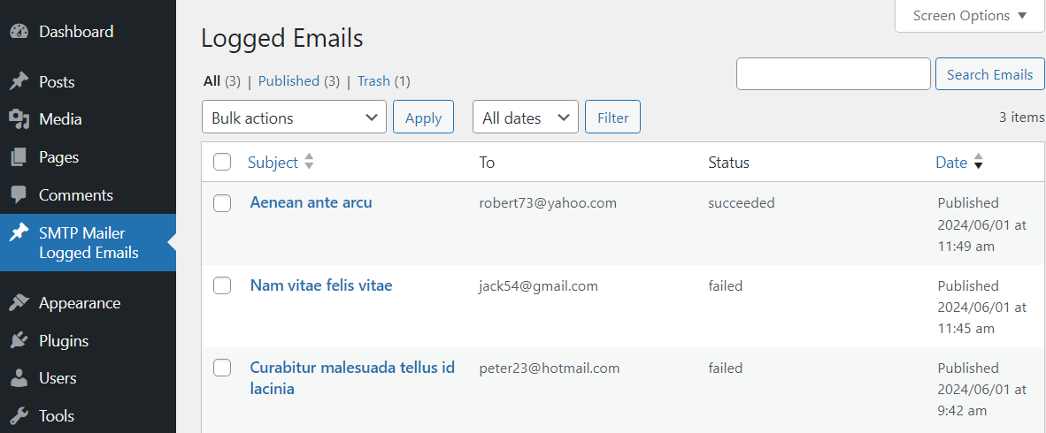 email logger add-on menu in the SMTP Mailer WordPress plugin