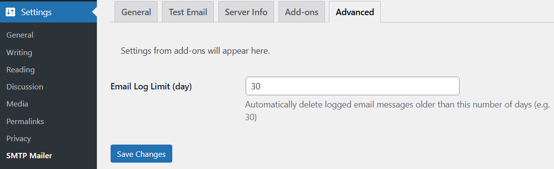 SMTP Mailer plugin's Email Logger add-on settings