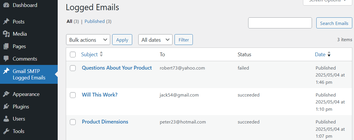 email logger add-on menu in the Gmail SMTP WordPress plugin