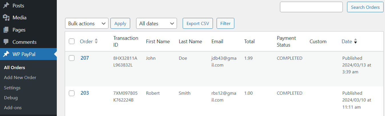 order export option in the WP PayPal WordPress plugin